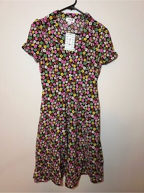Tulip B Floral Button-Front Midi Dress in Black with Pink & Yellow Flowers